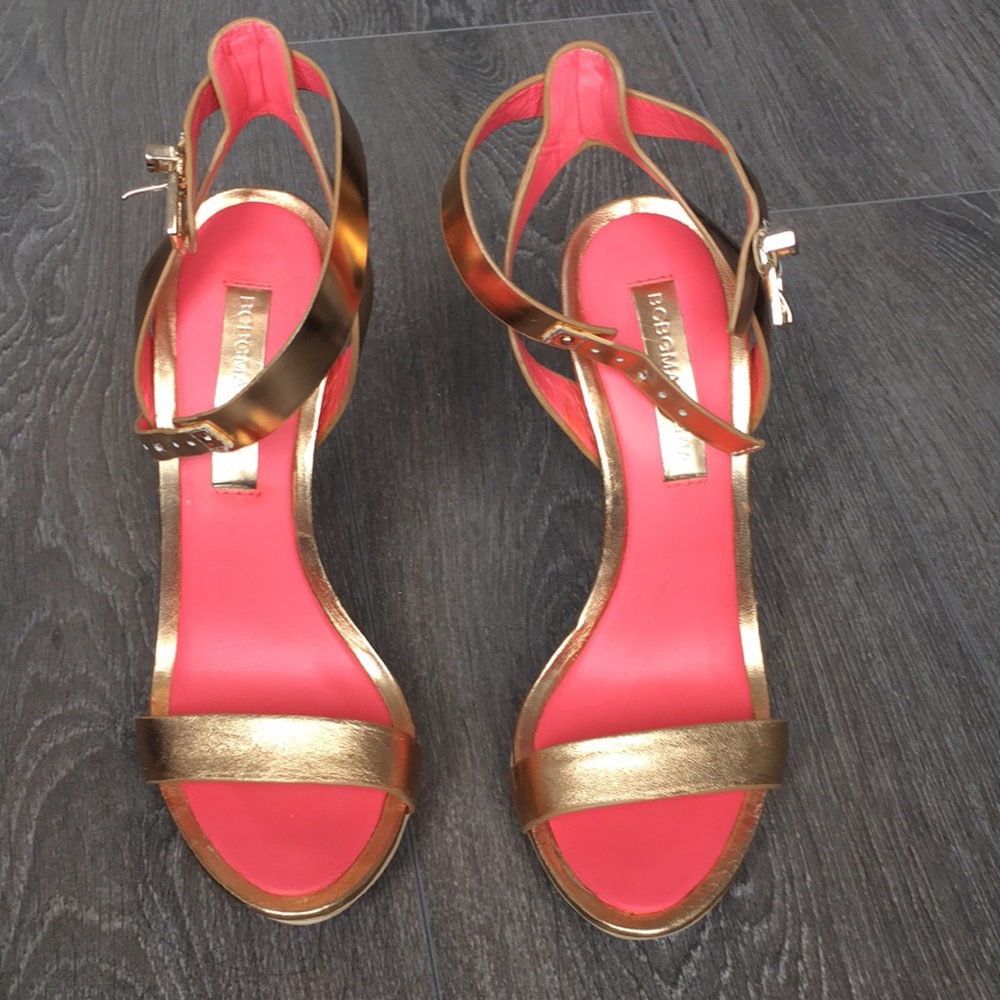 BCBG Maxazria gold strappy heels size 5.5